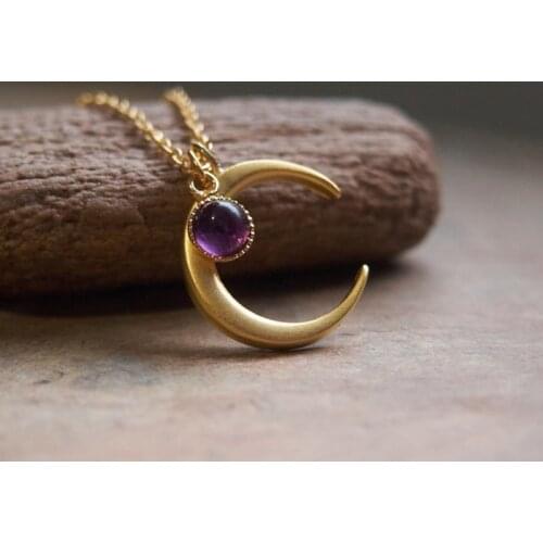Boho Natural Stone Moon Necklace, Celestial Jewelry, Half Moon Necklace, Witch Jewelry, Natural Stone Crescent Moon Pendant