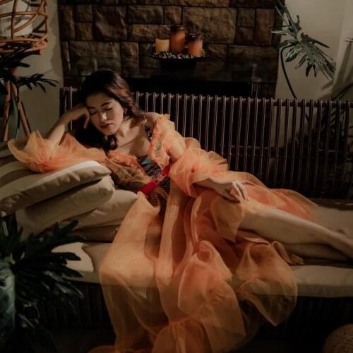 LO&LI Oringe Wedding Robe See through V Neck Tulle Bridal Dress Tulle Bridal Robes Cheap Long Sleeves Long Gowns