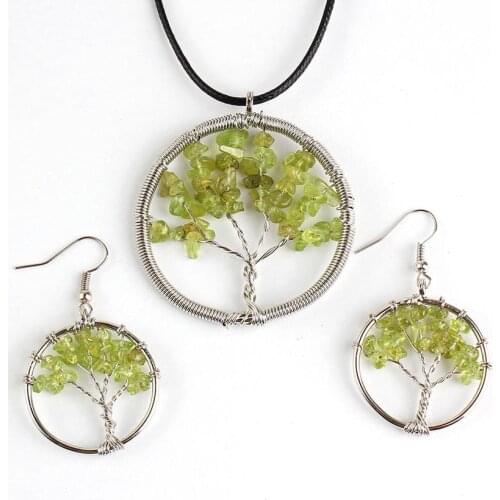 100-Uniqe 1 Set Beautiful Silver Plated Green Olivine Stone Pendant Tree of Life Necklace Earrings Jewelry Set
