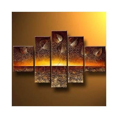5 Pieces Hand Painted Home Decor Horizon And Leaves-Modern Canvas Art Wall Decor-Abstract Oil Painting Wall Art Ready to Hang