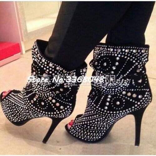 Black Flock Sliver Rhinestone Flower Lace Up Summer Boots Open Toe Totem Crystal High Heels Ankle Boots Nightclub Sexy Shoes