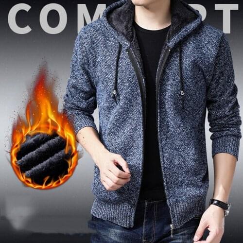 HCXY brand mens knit sweater solid color hooded cardigan men sweater jacket plus velvet thickening sweaters male