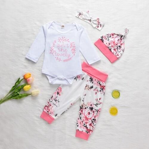 FOCUSNORM 4pcs Newborn Baby Girls Boys Clothes Sets 0-18M Letter Floral Printed Long Sleeve Romper+Pant+Hat+Headband