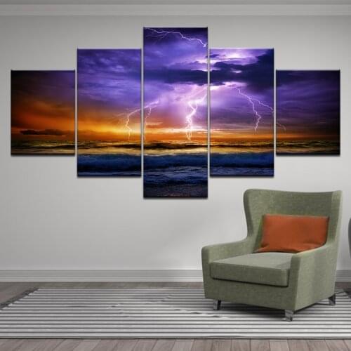 HD Print 5 Piece Canvas Dark Clouds Lightning Sea ocean storm painting Wall Art Pictures for Living Room Home Decor Frame Poster