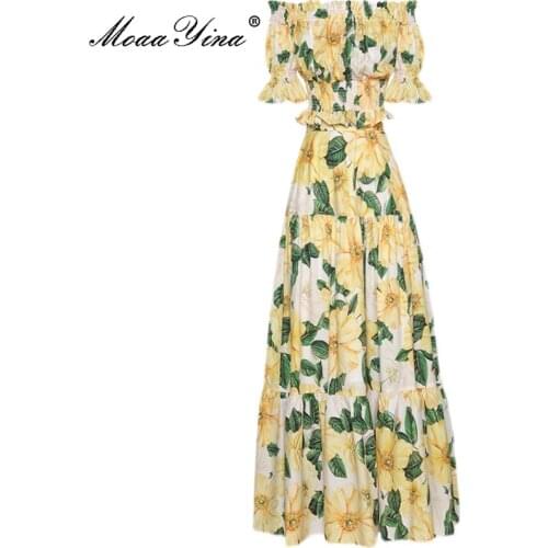 MoaaYina Fashion Designer Summer Skirts Suit Womens Slash neck Elasticity Flower print Tops and Vacation Two Pieces Skirts Sets