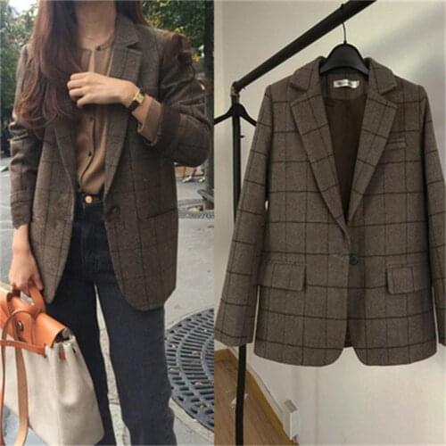 Fashion Woolen Blazer women jacket spring New high quality Plus size Plaid woolen casual suit women Blazer women coat