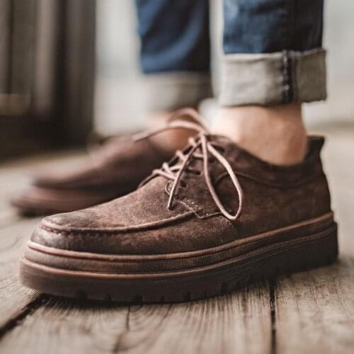 Maden Men Split Leather Low Top Boot Casual Board Vintage British Lace Up Round Toe Solid Sewing Mid Thick Heel Sneaker Footwear