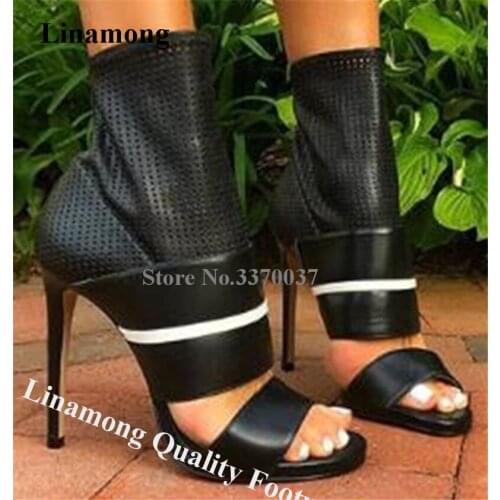 Linamong New Design Open Toe Stiletto Heel Short Gladiator Boots Cut-out White Black Leather Patchwork High Heel Ankle Booties
