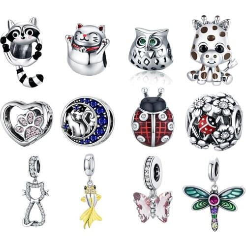 WOSTU Authentic 925 Sterling Silver Cute Ladybug Insect Cat Charms Pendant Fit Bracelets Women Fashion DIY Jewelry Gift Making