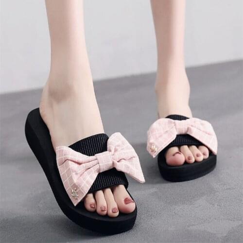 Simple And Fresh Girl Slippers Summer Slope With Casual Fashion Beach Bow Sandals Trendy Campus Style All-Match Womens Shoes