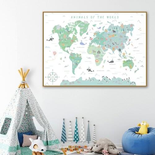 Nordic Animals World Map Canvas Painting Nursery Posters and Prints Cartoon Watercolor Wall Art Pictures for Kids Bedroom Decor