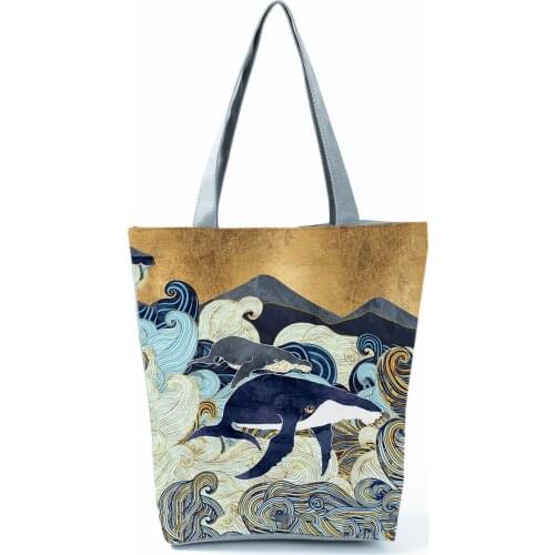 Japanese Ukiyo Design Handbags Dolphin Printed Shoulder Bag New Animal Fashion Tote Eco Friendly Shopping Bag Portable Beach Bag