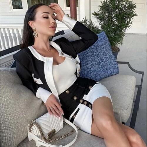 New Aummer 2 Piece Suit Patchwork Black White O-Neck Long Sleeve Pocket Button Button Mini Hip Skirt Female Sexy Set