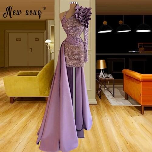 Lavender Short Evening Dress with Detachable Train 2021 One shoulder Beading Prom Gowns Gorgeous Formal Party Dresses