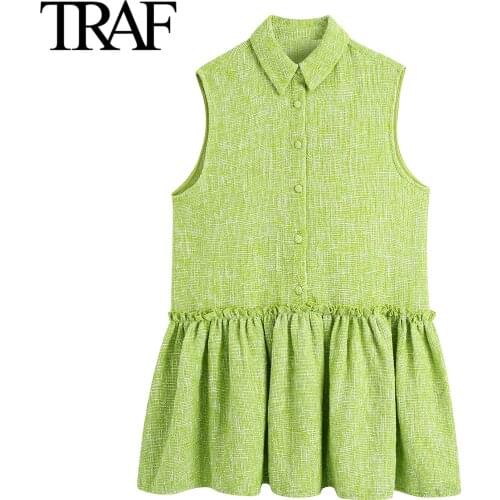 Traf Za Women Fashion Sleeveless Shirt Dress Summer Vintage Tweed A-line Mini Dresses Short Prom Dress Vestidos Mujer