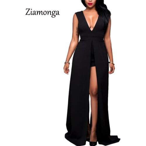 Ziamonga 2017 Elegant Women Black Red Deep V Neck High Split Dress Sleeveless Celebrity Evening Party Maxi Dress For Women C2827