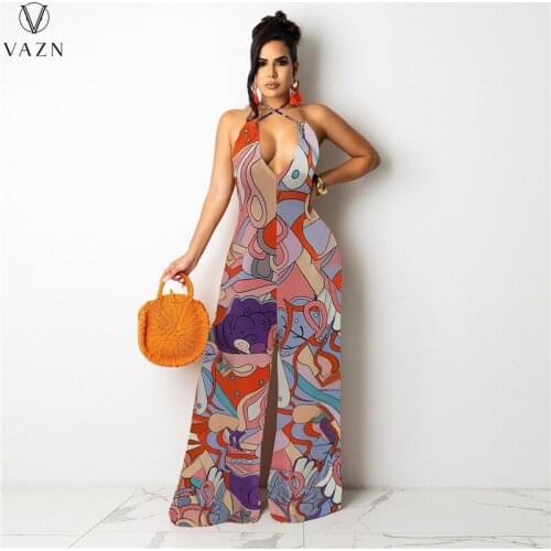 VAZN 2021 New Arrival Indie Folk Chiffon Backless Sleeveless Retro Joker Women High Waist Women Loose Wide Leg Jumpsuits