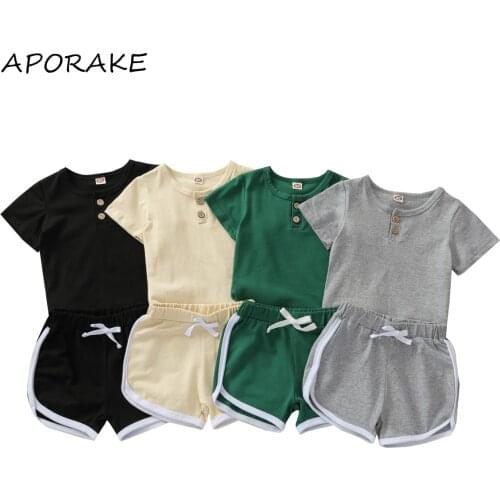 2021 0-4Y Summer Kids Baby Girl Boy Clothing Casual Outfits 4 Colors Button Short Sleeve T-shirt+Shorts Soft Cotton Loose 2pcs