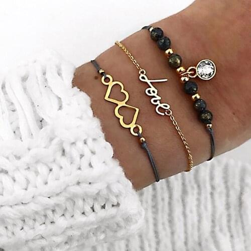 3Pcs/Set Bohemia Multi-layer Beads Bracelet Set for Women Heart Zircon Pendant Rope Bangles Simple Bracelet Combination Jewelry