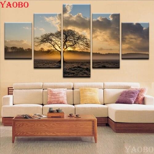 5pcs 5D DIY Full Square Round Diamond Painting Tree Sunrise Scenery Embroidery Mosaic Cross Stitch multi pictures combination