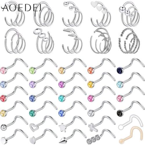 AOEDEJ 60PCS Crystal Stud Nose Ring Set 316L Stainless Steel Nose Hoop Set Lshape Indian Nose Stud Piercing Nariz Body Jewelry
