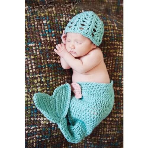 Free shipping,New Baby Crochet 100% Cotton Blue Mermaid Beanie Costume Set Prop 0-6 Months