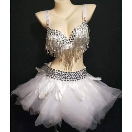 Silver Bright Sexy Bra Low Waist Short Underwear Sequins Dance Wear Two Piece Set Womens Party Dress Female Singer Costumes