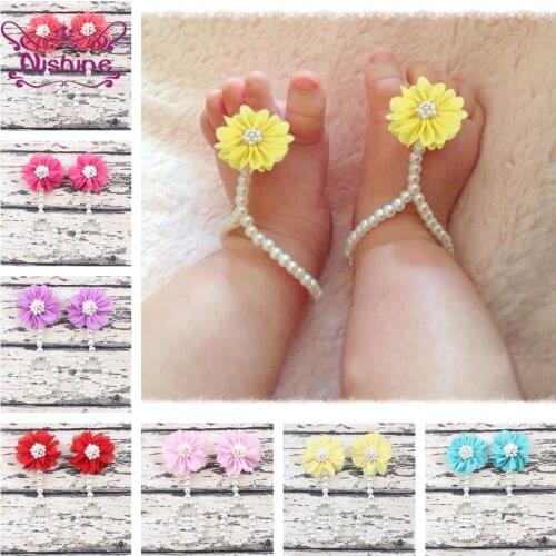 Nishine Infant Pearl Barefoot Sandals Chiffon Flower Baby Girls Shoes Newborn DIY Foot Decoration Children Photography Props