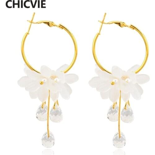 CHICVIE 2019 Trendy White Flower Shaped Crystal Earrings For Women Geometric Earring Statement Hanging Dangle Earrings SER190129