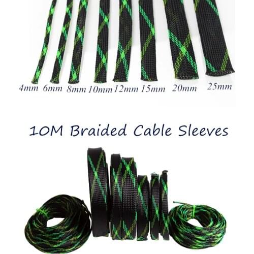 10M Cables Wire Gland Protection Black+Green Insulation Braided Sleeving Tight Expandable Cable Sleeve 2/4/6/8/10/12/15/20/25mm