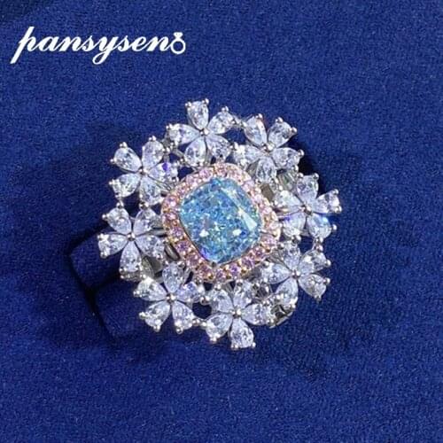 PANSYSNE Solid Silver 925 Jewelry Rings for Women Aquamarine Created Moissanite Gemstone Diamond Wedding Party Fine Jewelry Gift