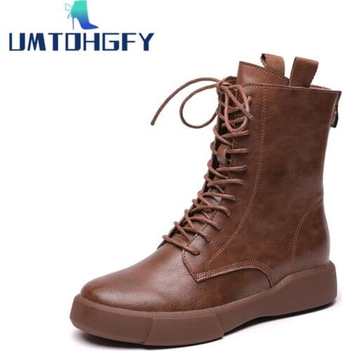 Genuel Leather Martin Boots Womens Shoes British Style Autumn Winter Daily Casual Work Flat Retro Short Ankle With Back Zipper