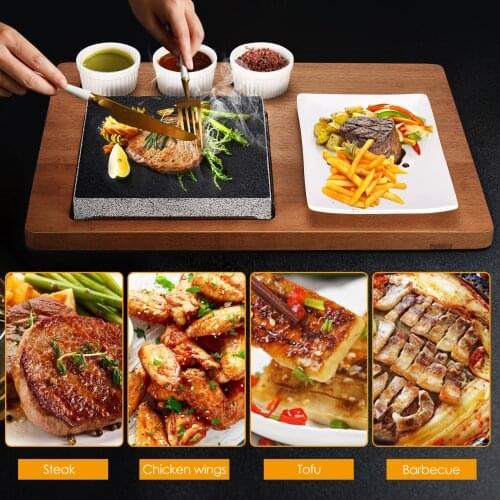 Lava Stone Steak Board With Sapele Solid Wood Board Porcelain Plate With Sauce Cups Fat Oil-free Steak Meat Fish Grilling BBQ