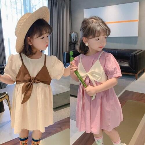 Summer Girls Puff Sleeve Princess Dress New Baby Kids Sweet Fake Two-Piece Costumes Korean Style Outfits ChildrenS Clothing