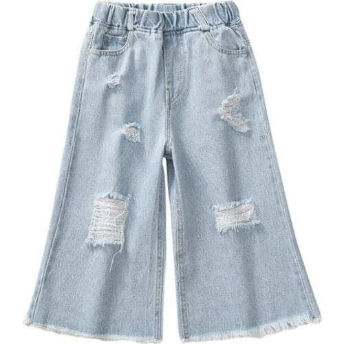 DFXD Summer Fashion Girls Denim Trousers Teen Girl Cotton Loose Ripped Jeans Pants Korean New Girls Soild Hole Jeans For 3-16Yrs