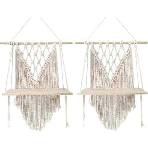 2Pcs Macrame Wall Hanging Shelf,Boho Style Wall Planters Hanging,Tapestry Shelf Wall Floating Hanging Home Decor