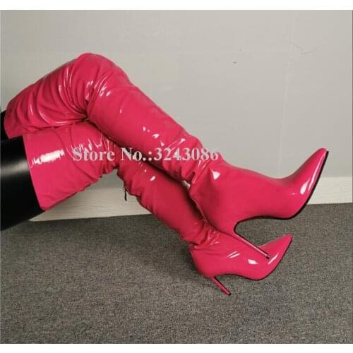 New Patent Leather Rose Pink Thigh High Boots Women Sexy Pointed Toe Stiletto Heel Over the Knee Long Boots Lady Real Photos