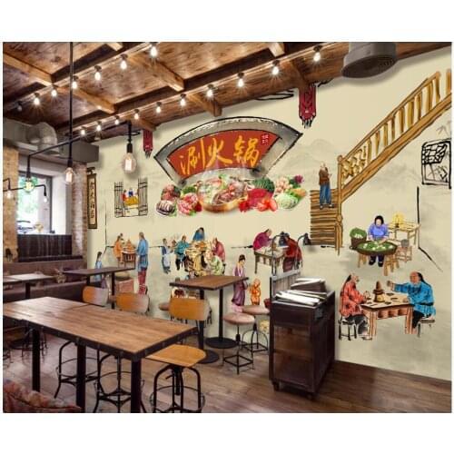 Custom mural 3d wall mural Retro hand drawn character shabu hot pot restaurant home decor photo wallpaper for living room