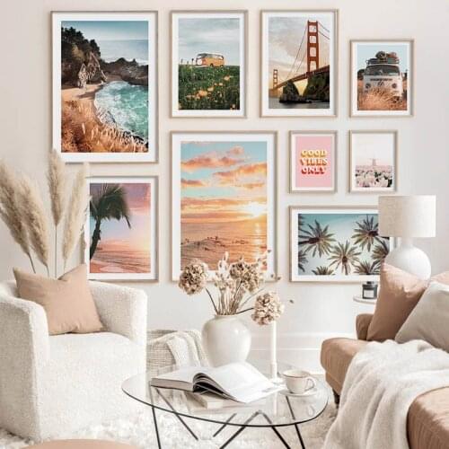 Bus Coastal Beach Sunset Canvas Painting Summer Seascape Poster Flower Nature Landscape Print Wall Art Picture Living Room Decor