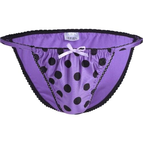 Mens Lingerie Sissy Underwear Underpants Low Rise Elastic Waistband Panties Bottom Lacework Polka Dots Pattern Bow Bikini Brief