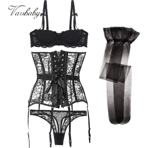 Varsbaby Sexy Lace Floral Half Cup Thin Underwear Gather Women Bra+Thong+Shaping clothes+Stockings 4pieces/lot