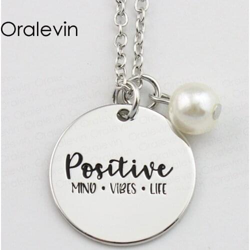 POSITIVE MIND VIBES LIFE Inspirational Hand Stamped Engraved Accessories Charms Pendant Necklace Jewelry,10Pcs/Lot, #LN757