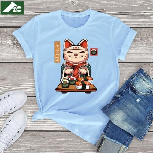Funny Japanese Food Cat Graphic T Shirt Women Clothing Summer 100 Cotton Cat Womens Shirt Unisex Mens Short Sleeve Tees Tops 3XL