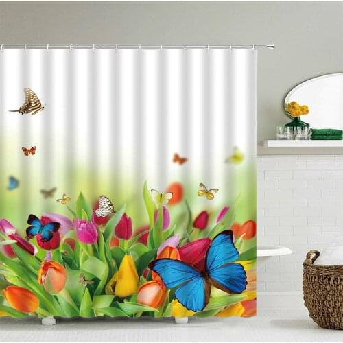 Fresh Flowers Butterfly Shower Curtain 3d Bath Curtains Bathroom Waterproof With Hooks Shower Curtain Washable Polyester Cloth
