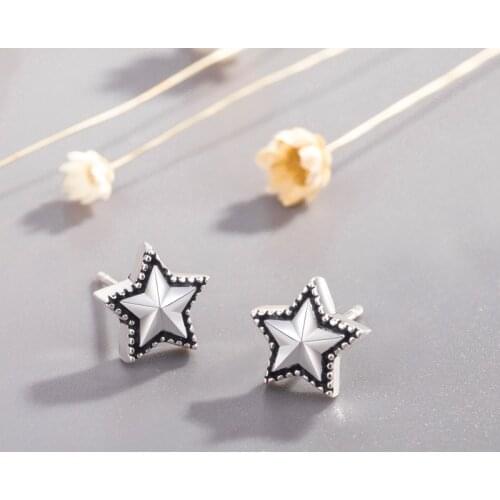925 Sterling Silver Vintage Star Charm Stud Earrings For Women Girls Jewelry Pendientes eh1194