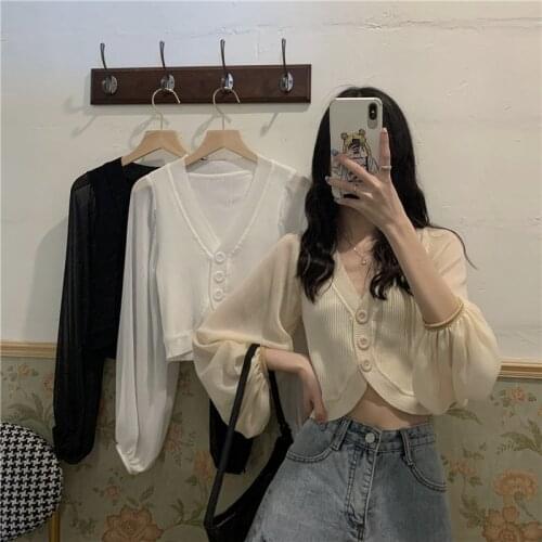 Summer new high waist short section chiffon long sleeve stitching v-neck knitted cardigan T-shirt women