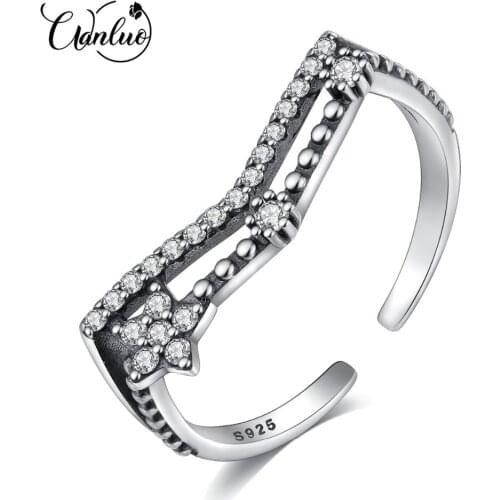 WANLUO Charming Hollow Sterling Silver 925 Open Rings Female Geometric Glittering Zirconia Flower Shape Fine Jewelry Lovers Gift