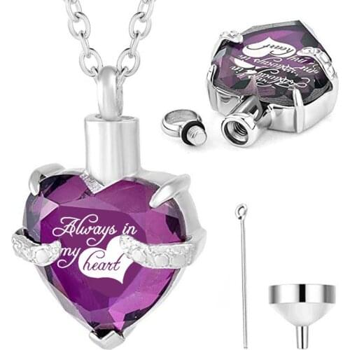 Cremation Ashes Jewelry Keepsake Necklace Always in My Heart Into The Crystal Birthstone Memorial Urn Pendant Engraved