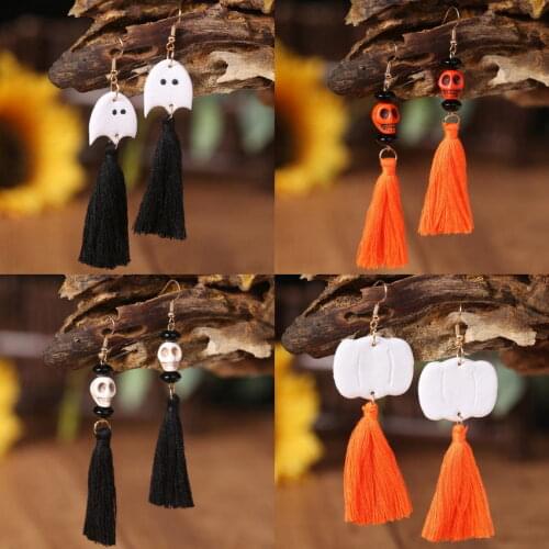 2021 Halloween Polymer Clay Ghost Pumpkin and Cotton Tassel Drop Earrings for Women Fashionable Original All Hallows' Day Gifts