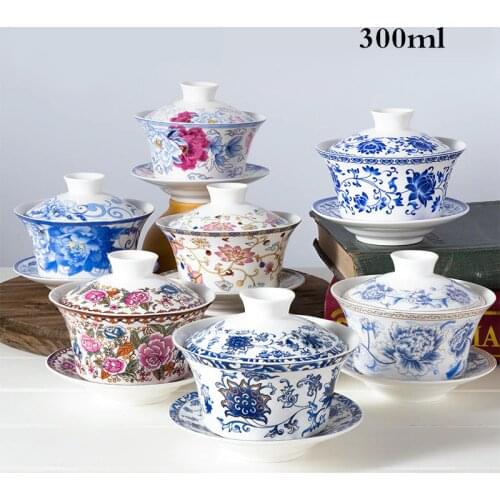 300ml Sancai Gaiwan Old Beijing Eight Treasures Retro Tea Bowl JingDeZhen Blue and White Porcelain Ceramic Tea Cup Teaware